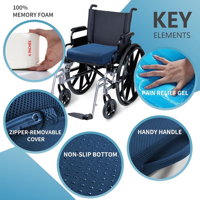 YOUFI Thick Memory Foam & Gel Seat Cushion, 18"X16"X4" Large Chair Cushion for Wheelchair Mobility Scooters, with Non-Slip Bottom and Carry Handle (Blue) - Image 3